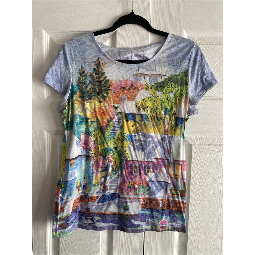 Ellen Negley Womens Large Top Bright Top Colorful Semi Sheer